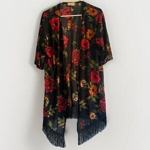Black Floral Sheer Kimono Fringe Cardigan Open Front Boho Festival Women’s M